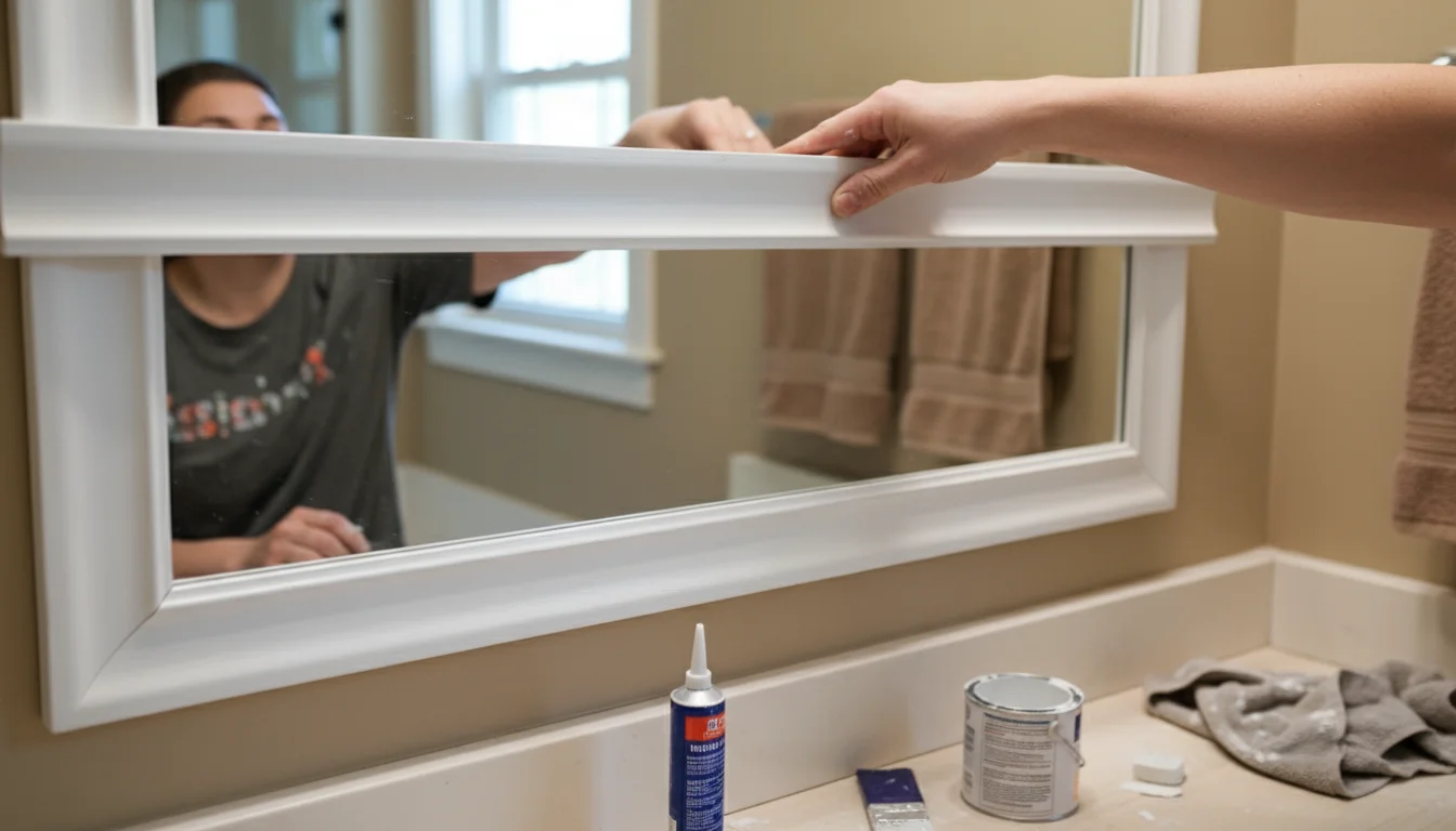 Hands carefully applying a white wooden trim frame to a large, unframed bathroom mirror, with a paint can nearby on the counter.