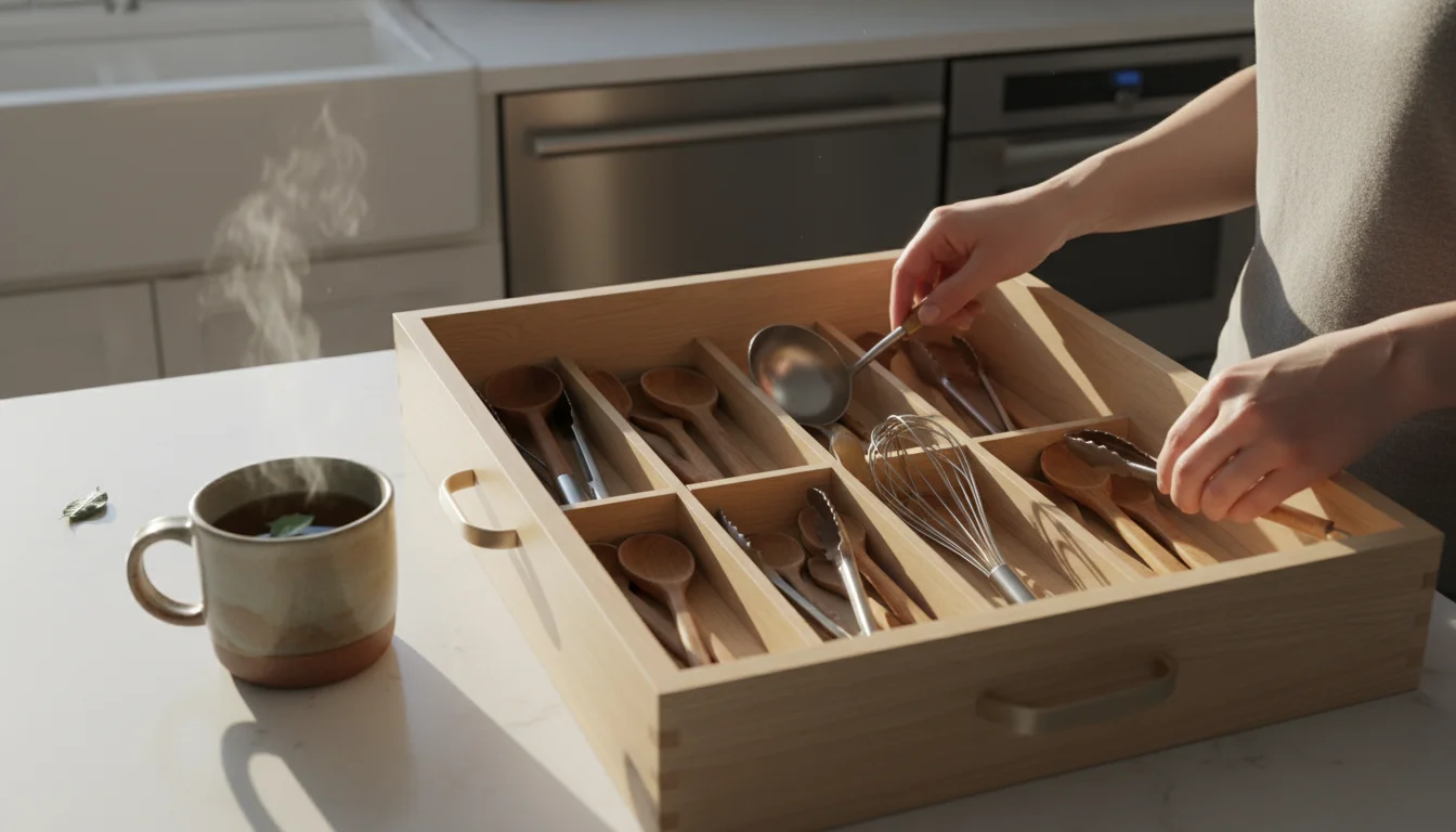 Hands gently arrange kitchen utensils in a neatly organized kitchen drawer, with a steaming ceramic mug of tea on the counter nearby.