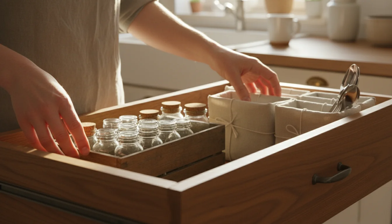 Hands arranging repurposed glass jars, a wooden box, and fabric-covered cardboard in a kitchen drawer for DIY organization.