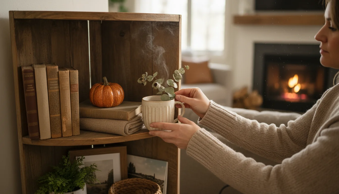 Hands arranging a small decorative pumpkin and dried eucalyptus on a wooden corner shelf with books and a ceramic mug.