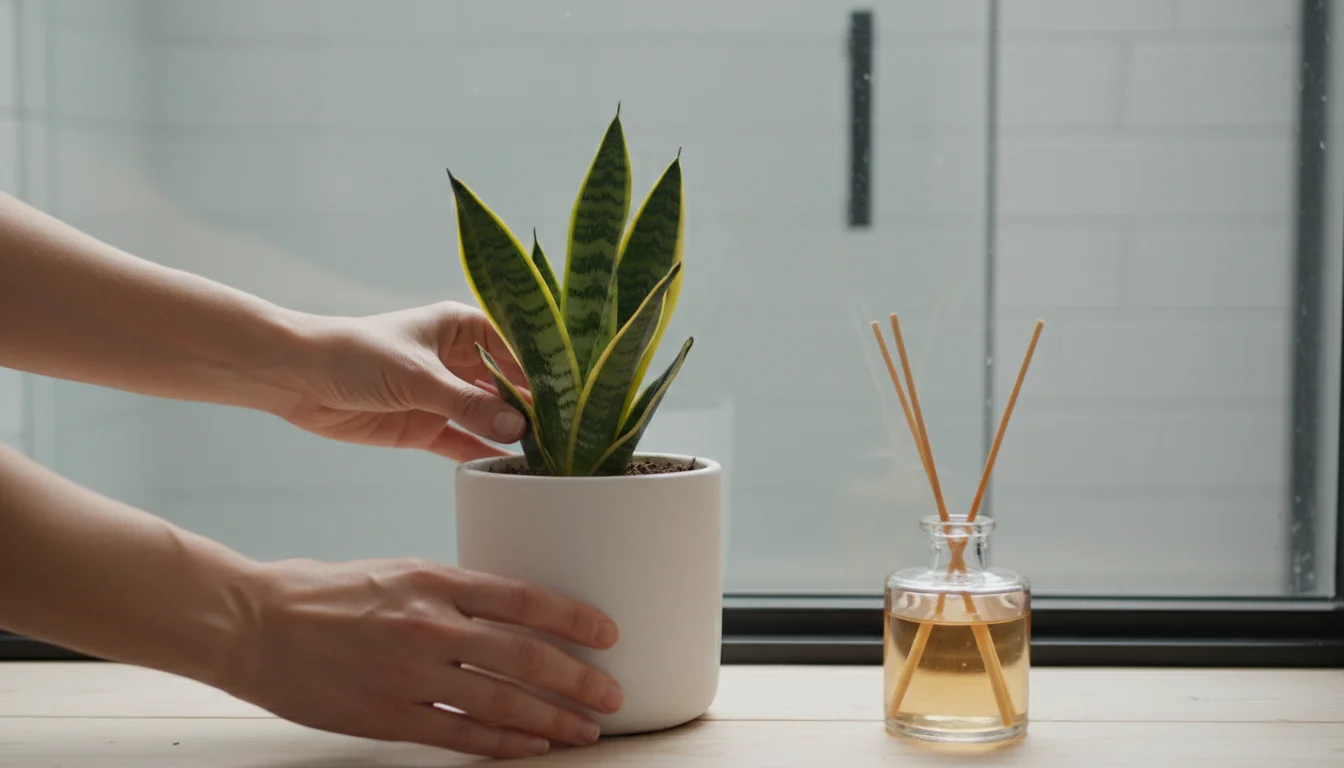 Close-up of hands arranging a small snake plant next to a reed diffuser on a clean bathroom windowsill with soft natural light.