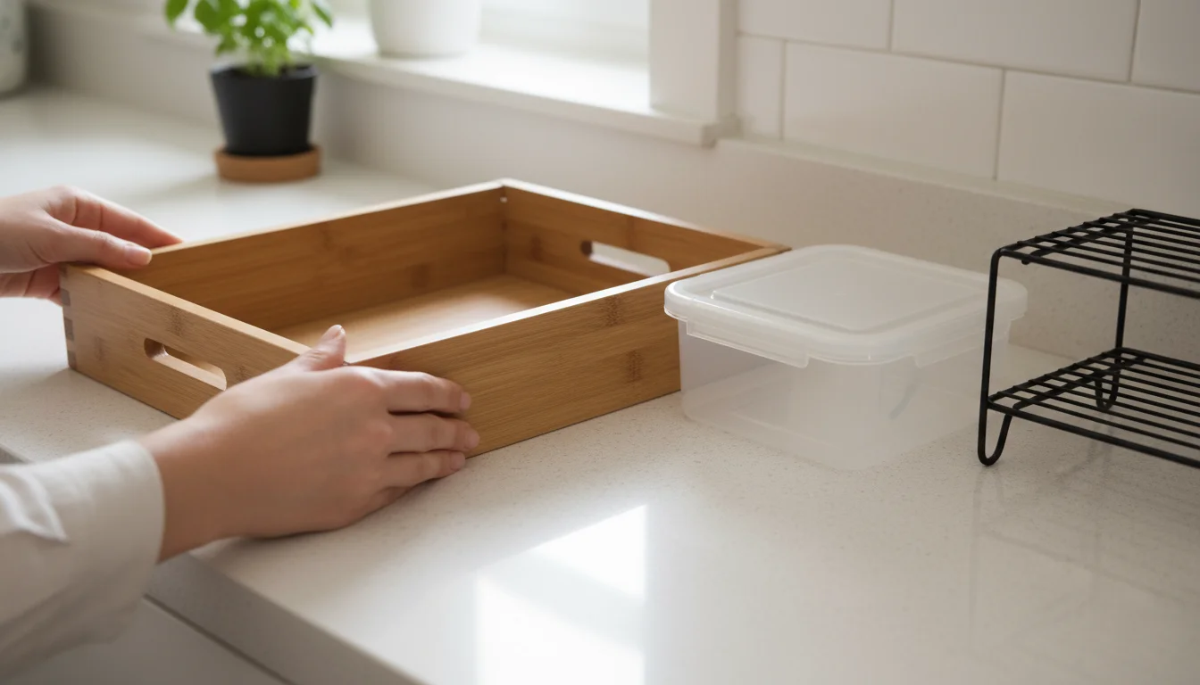 Hands assess budget-friendly kitchen organizers: expandable wood drawer divider, clear stackable bin, metal wire shelf on counter.