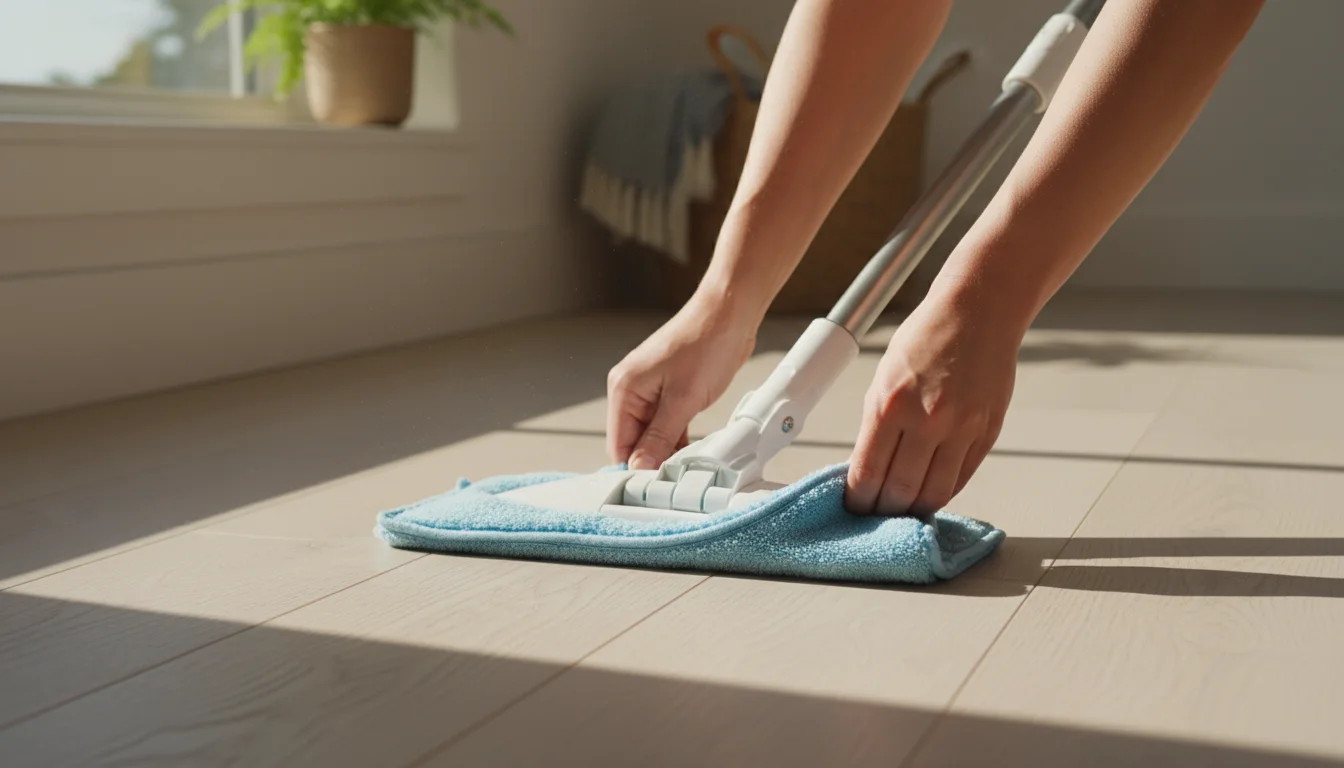 Hands attach a clean, gray microfiber mop pad to a white spray mop on a light wood floor in a sunny room.