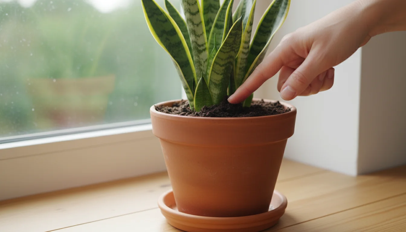 Close-up of hands checking the soil moisture of a Snake Plant in a terracotta pot on a bright windowsill.
