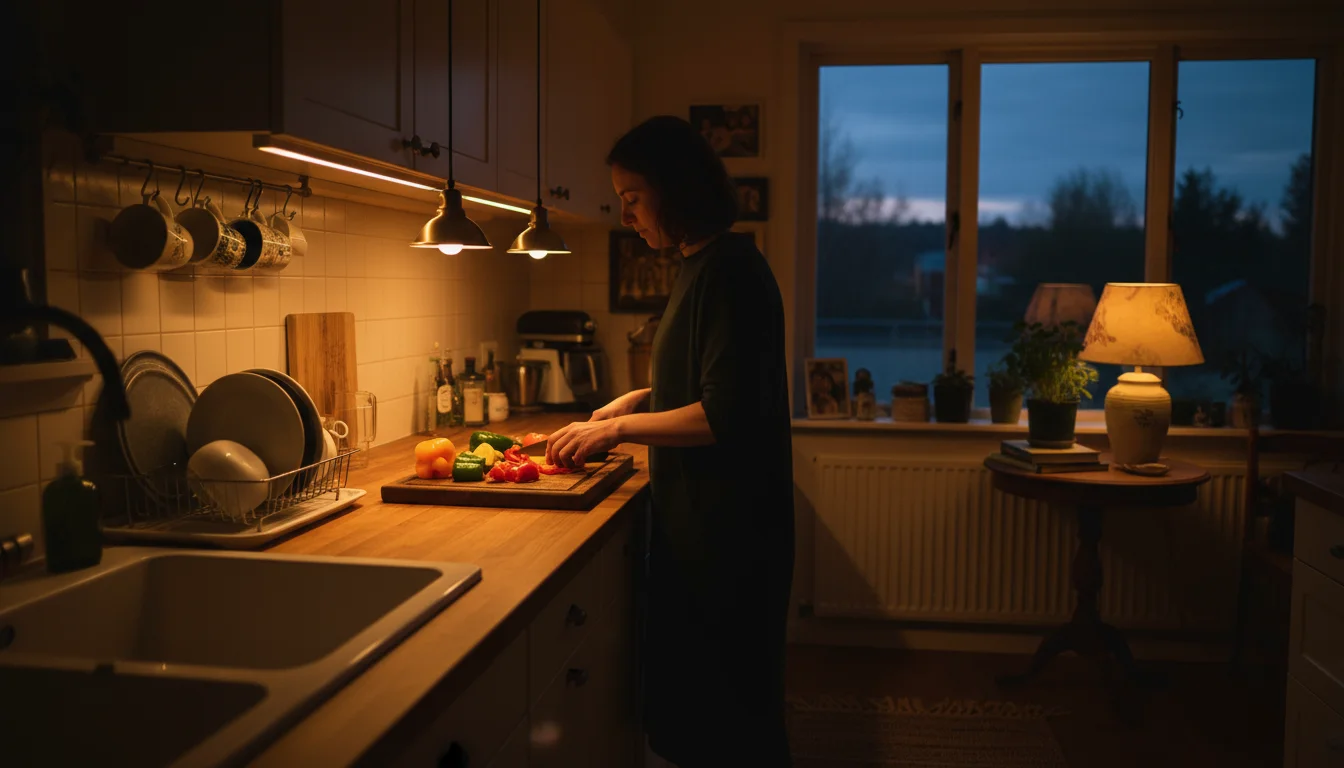 Hands chopping colorful vegetables on a well-lit kitchen counter, with a warm, inviting glow from nearby accent lighting.