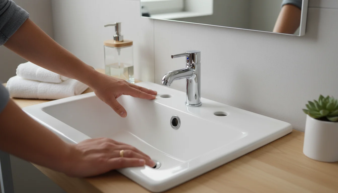 Overhead view of hands at a clean bathroom sink, one finger pointing at faucet holes. A new matte black faucet in an open box sits next to an older ch