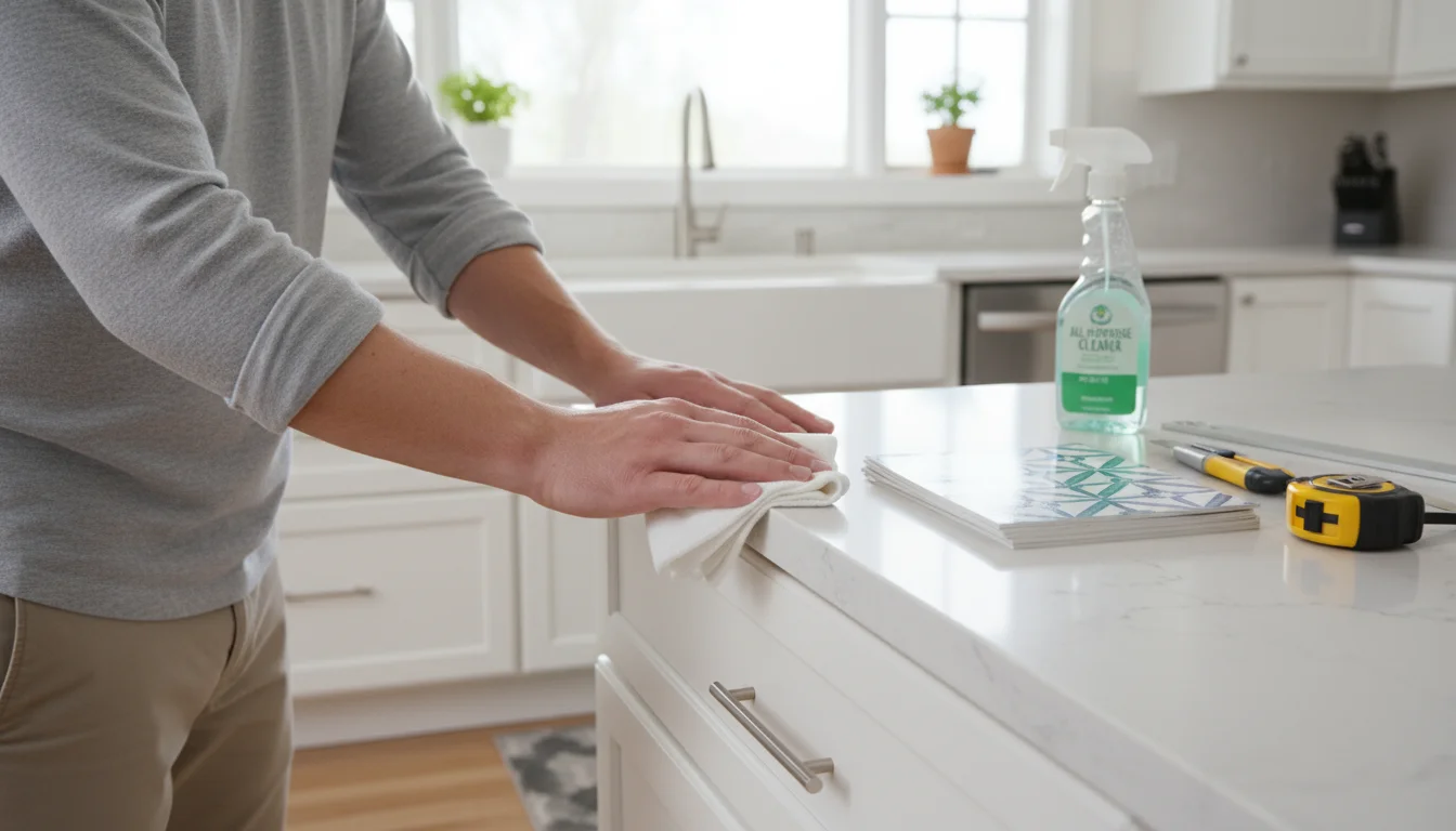 Hands cleaning under a kitchen cabinet, with peel and stick tile and tools on the counter.