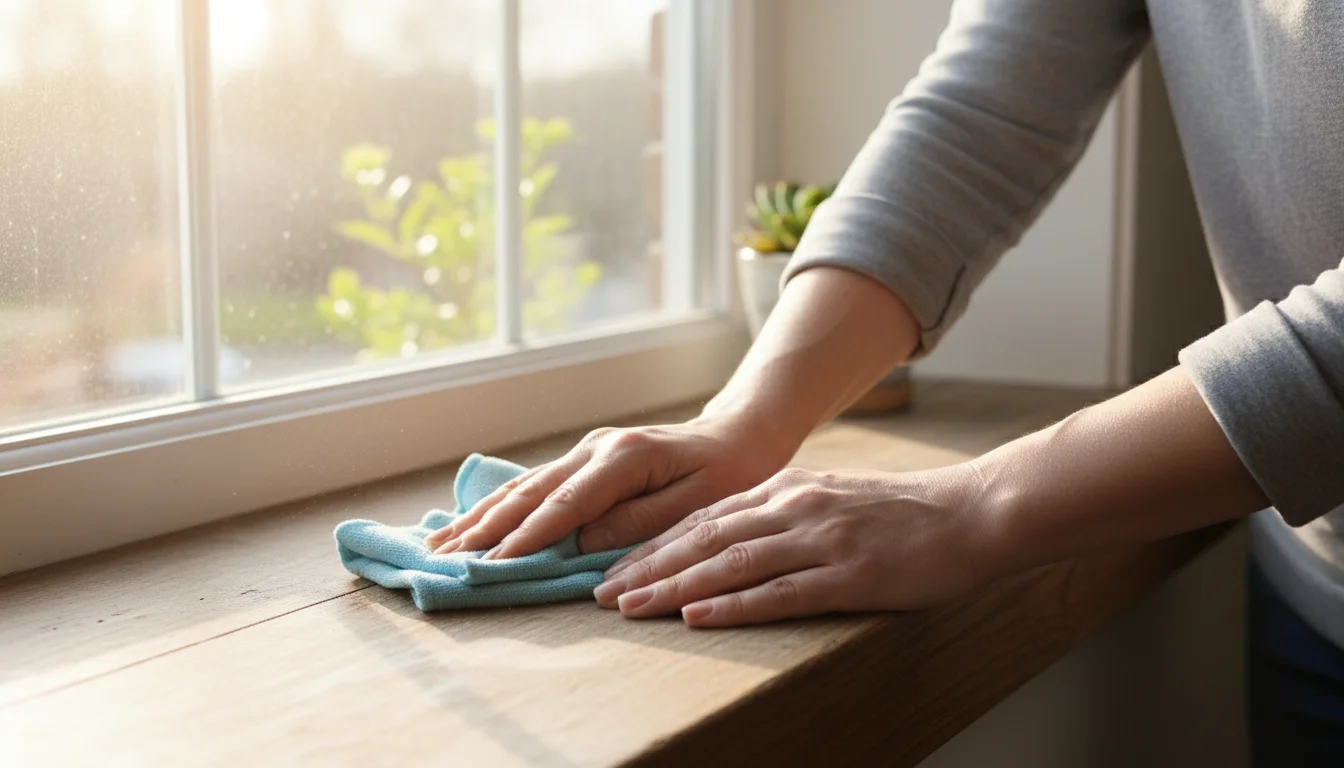 Hands cleaning a wooden window sill with a microfiber cloth, with soft spring sunlight shining through the window.