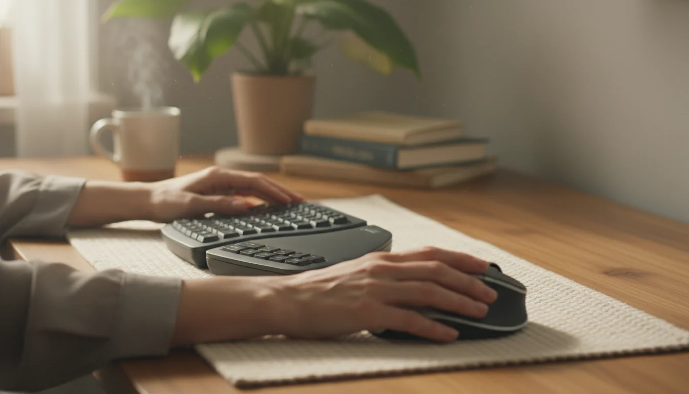 Hands comfortably positioned on an ergonomic keyboard and mouse on a warm wooden desk, with a monitor and a plant nearby.