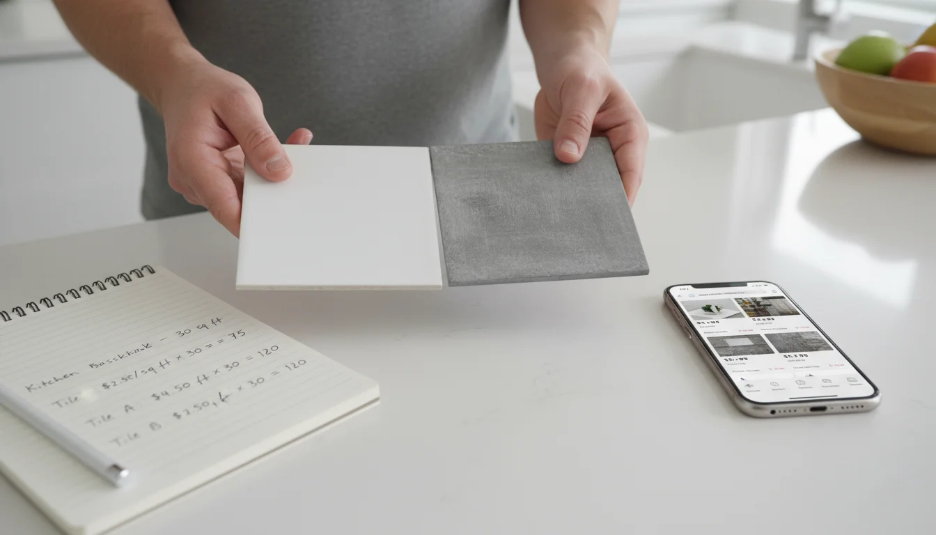 Hands comparing two different peel-and-stick tile samples, with a notebook, pen, and phone showing price comparisons on a countertop.