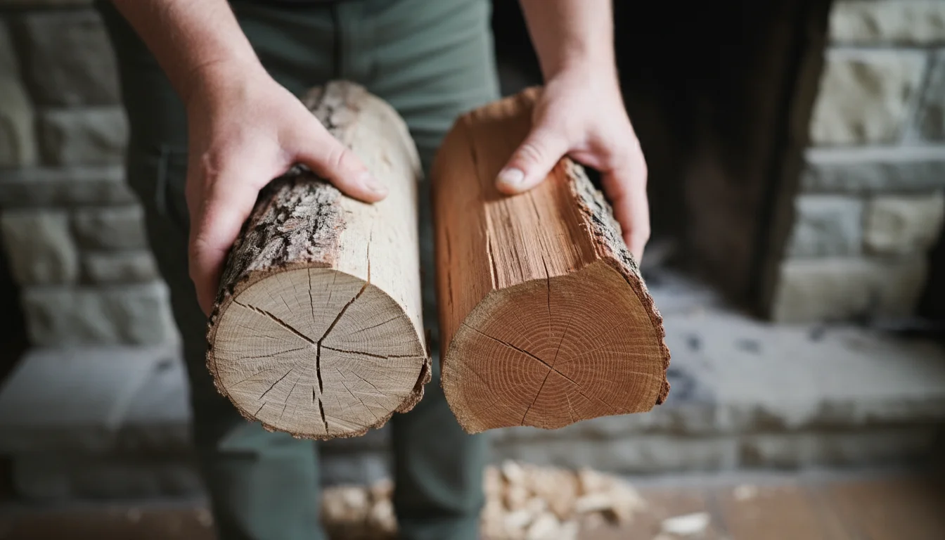 Close-up of hands comparing two firewood logs: one visibly seasoned with deep cracks, the other greener and less cracked. A neatly stacked woodpile is