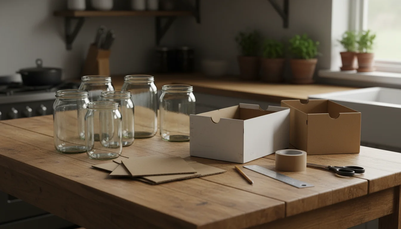 An overhead view of hands cutting cardboard on a kitchen island, surrounded by repurposed glass jars, shoeboxes, and simple storage bins.