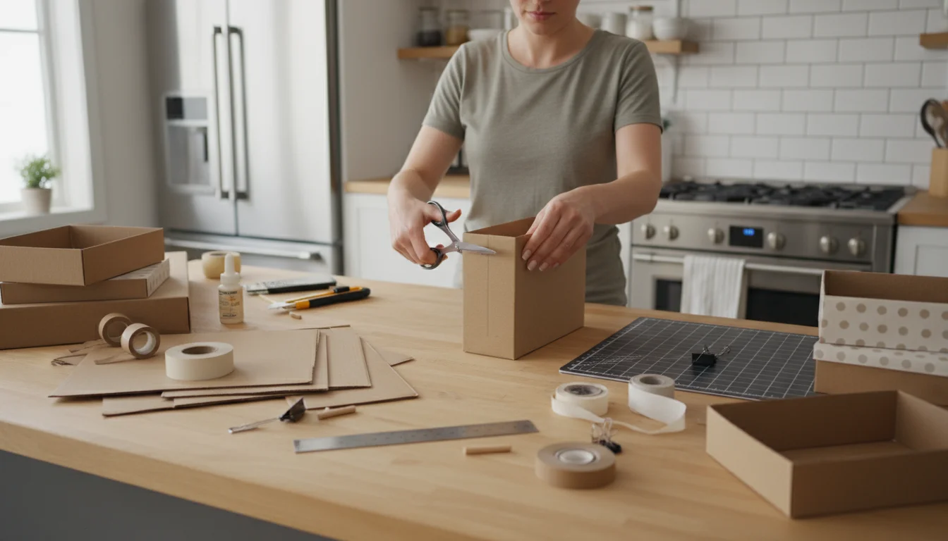 Hands cutting a cereal box on a kitchen island, surrounded by plastic containers, PVC pipes, wood scraps, and finished DIY fabric-covered box organize