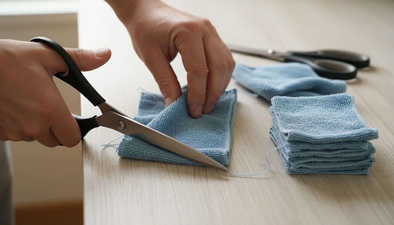 Hands cutting a faded terry cloth towel into cleaning rags on a simple countertop.