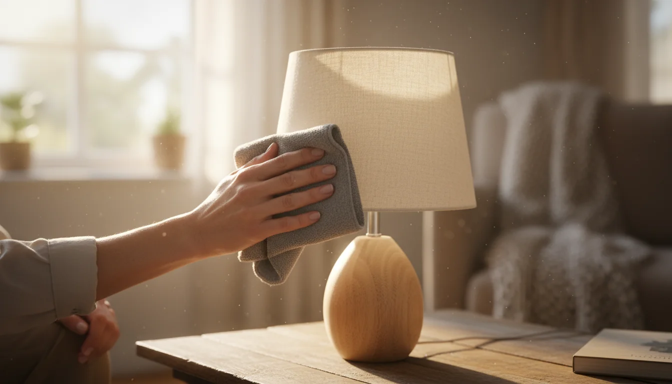 Close-up of hands gently dusting a light fabric lampshade with a microfiber cloth on a wood side table.