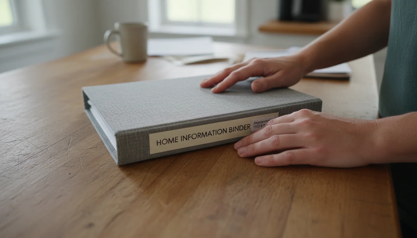 Close-up of hands on a fabric home binder, finger touching a 'Maintenance FAQs & Fixes' tab on a warm wooden kitchen island.