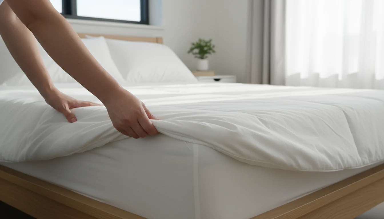 Hands fitting a thick, white mattress protector onto a mattress in a bright bedroom, showing the elastic edge.