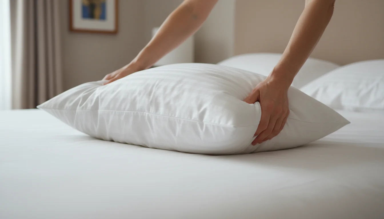 Hands gently fluffing and positioning a supportive white pillow on a neatly made bed, emphasizing a practical choice for comfort.