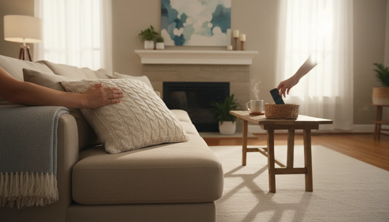 Hands fluffing a throw pillow on a sofa, with a neatly folded blanket and a remote being placed in a basket on a coffee table.