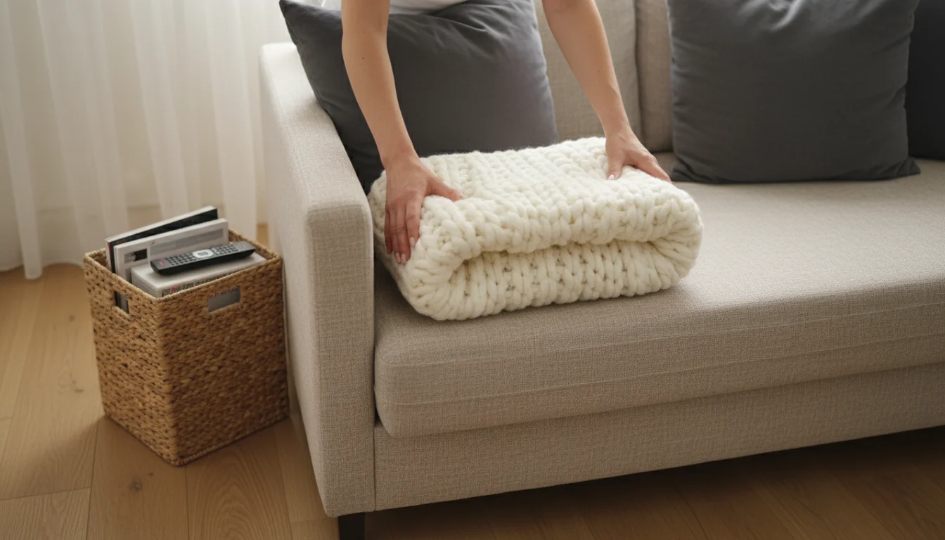 Overhead shot of hands neatly folding a chunky throw blanket on a neutral sofa, with a woven storage basket nearby in a tidy living room.