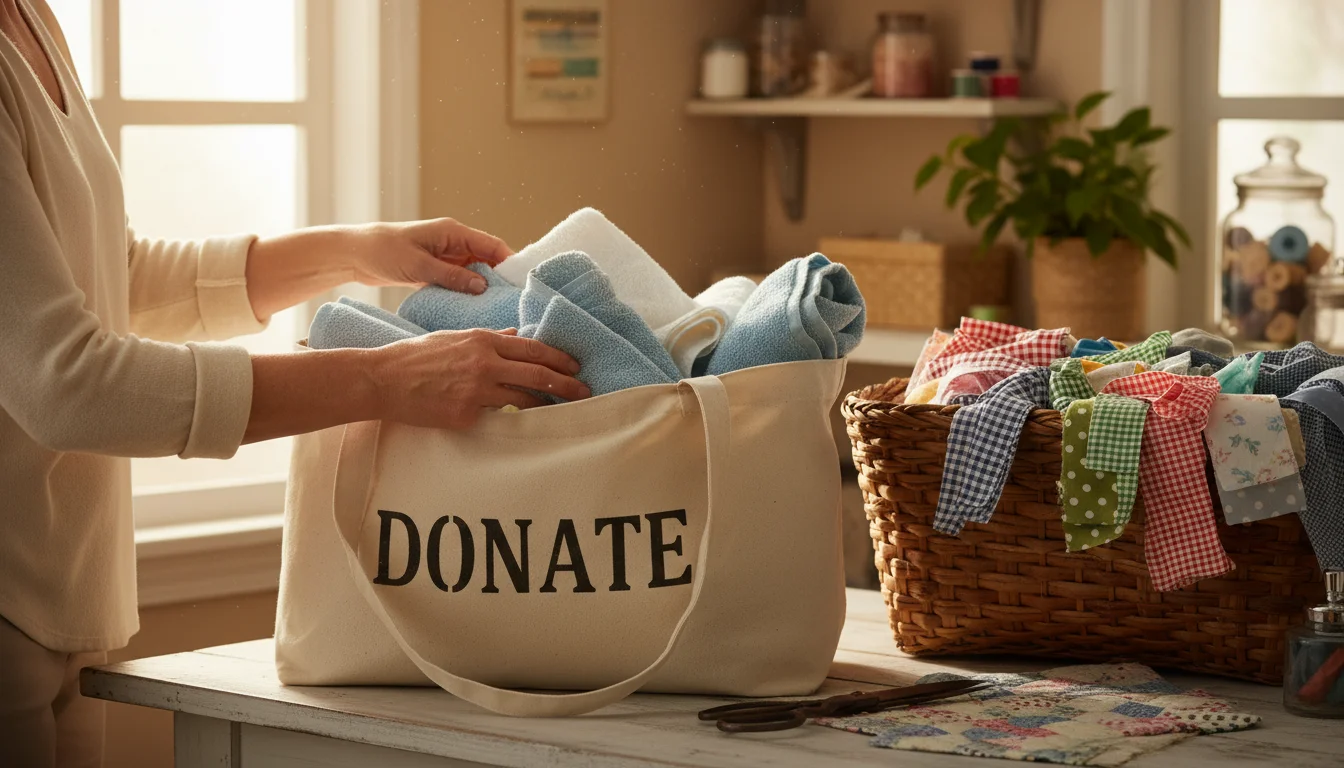 Hands folding clean, faded towels into a 'Donate' tote bag next to a wicker basket of colorful cut fabric rags and scissors.