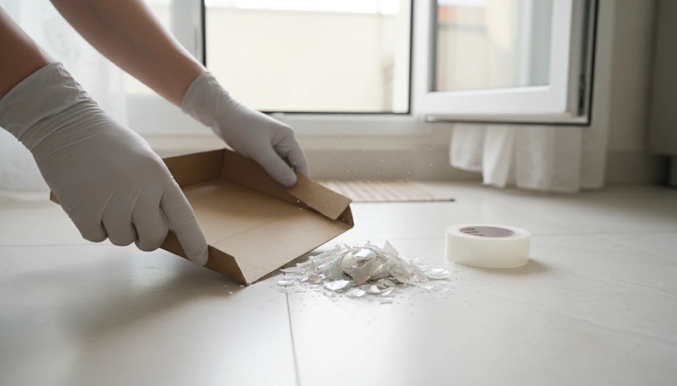 Hands in gloves carefully scooping broken CFL bulb glass from a floor with cardboard, sticky tape, and an open window in the background.