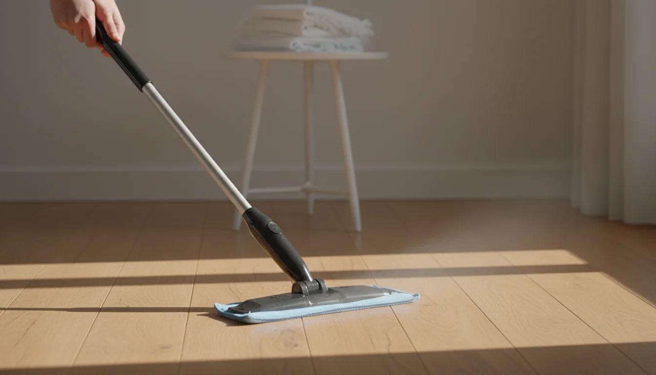 Hands guide a spray mop across a light hardwood floor. A fine mist is visible. A stack of clean microfiber pads sits on a table nearby.