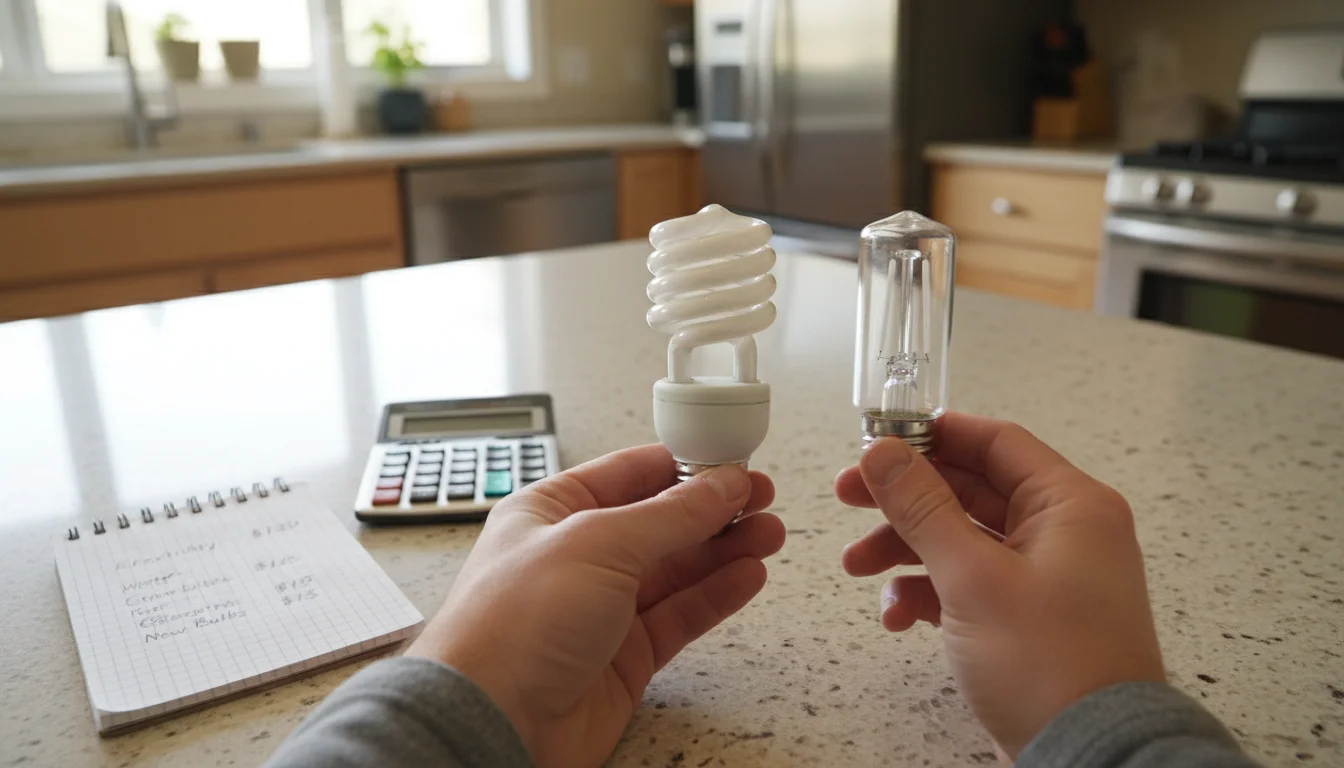 Hands hold an LED bulb and a CFL bulb side-by-side over a kitchen counter with a notebook and calculator.