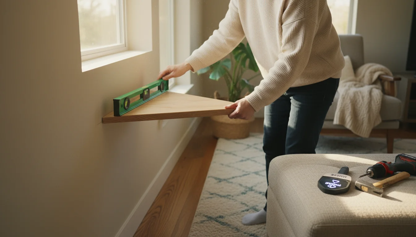 Hands holding a light wood corner shelf against a beige wall, with a green spirit level on top and a faint pencil mark below it. A stud finder rests n