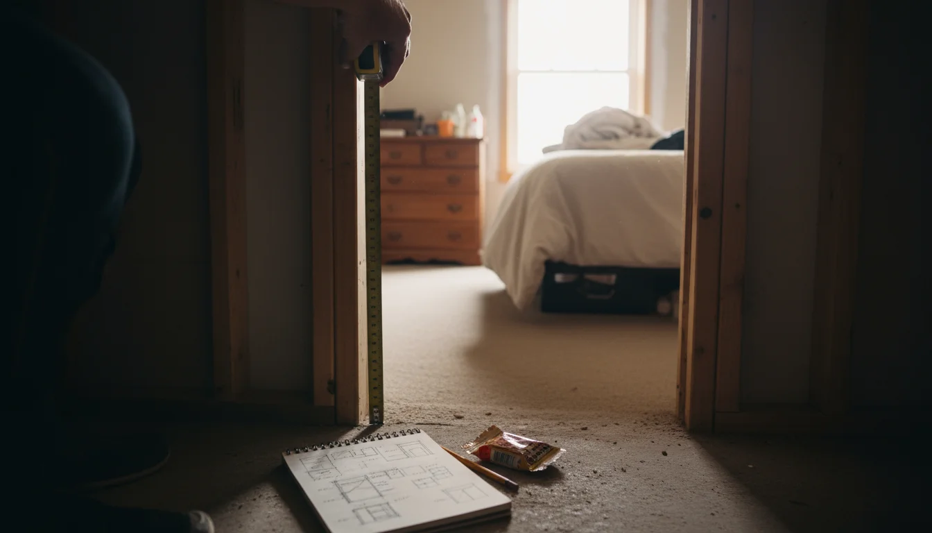 Close-up of hands holding a metal tape measure against a closet door frame, with a notebook and pencil on the floor.
