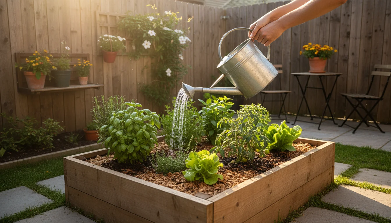 Hands holding a metal watering can, carefully watering herbs in a mulched raised garden bed.