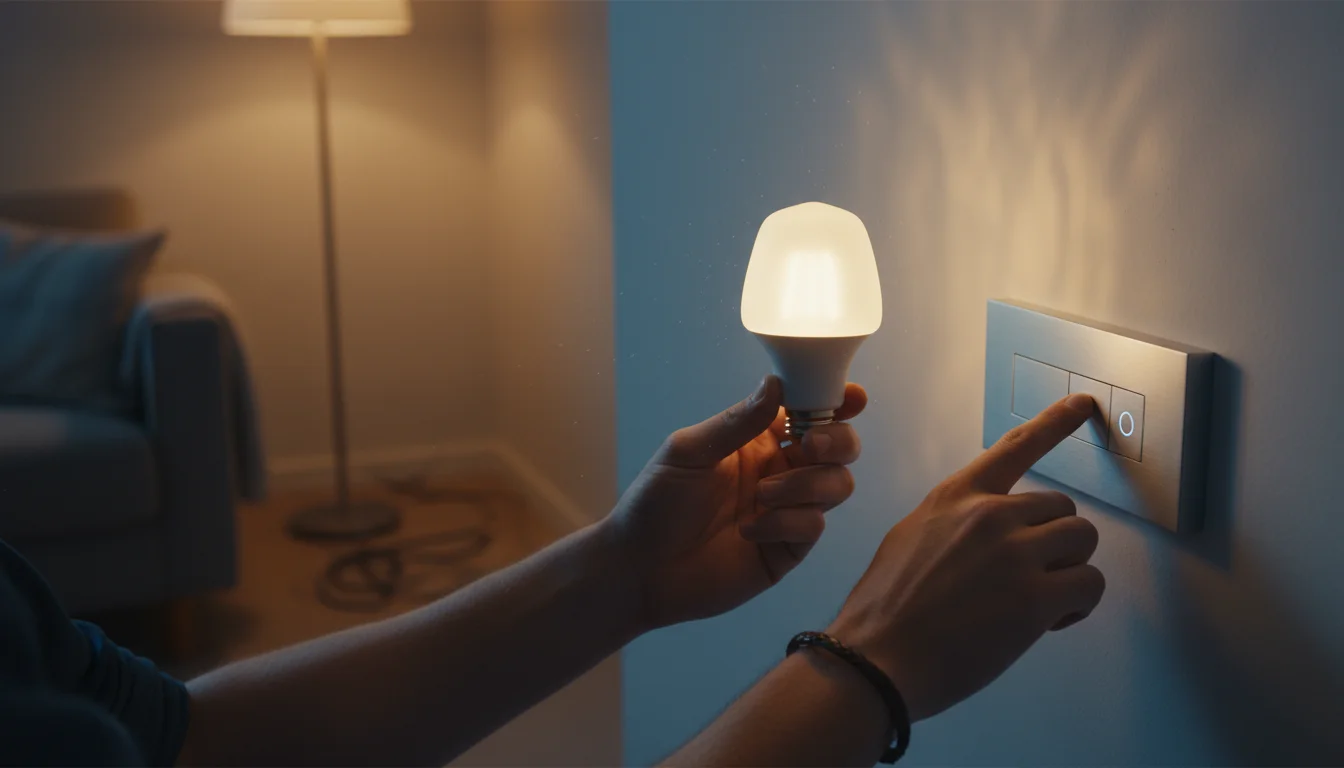Close-up of hands holding a new LED light bulb near a wall-mounted dimmer switch in a softly lit, comfortable room.
