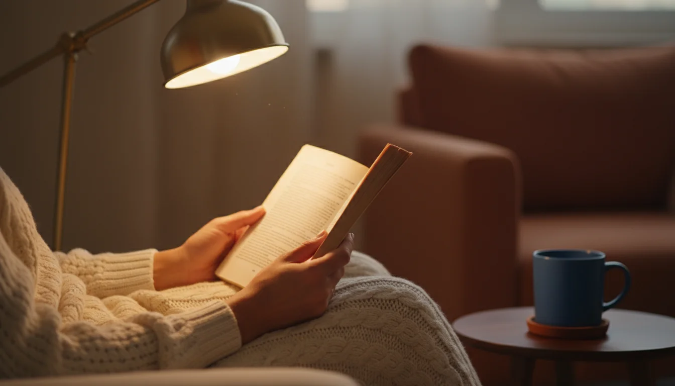 Close-up of hands holding an open book, illuminated by a warm, adjustable floor lamp in a cozy living room.