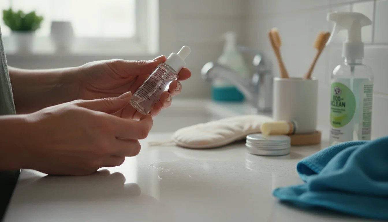 Hands holding a small skincare bottle on a partially cleared bathroom counter with a few other items and cleaning supplies.