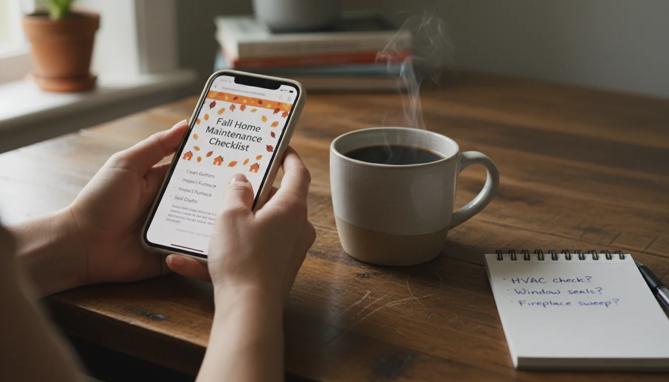 Close-up of hands holding a smartphone open to an article, resting on a wooden table with coffee and a notepad.