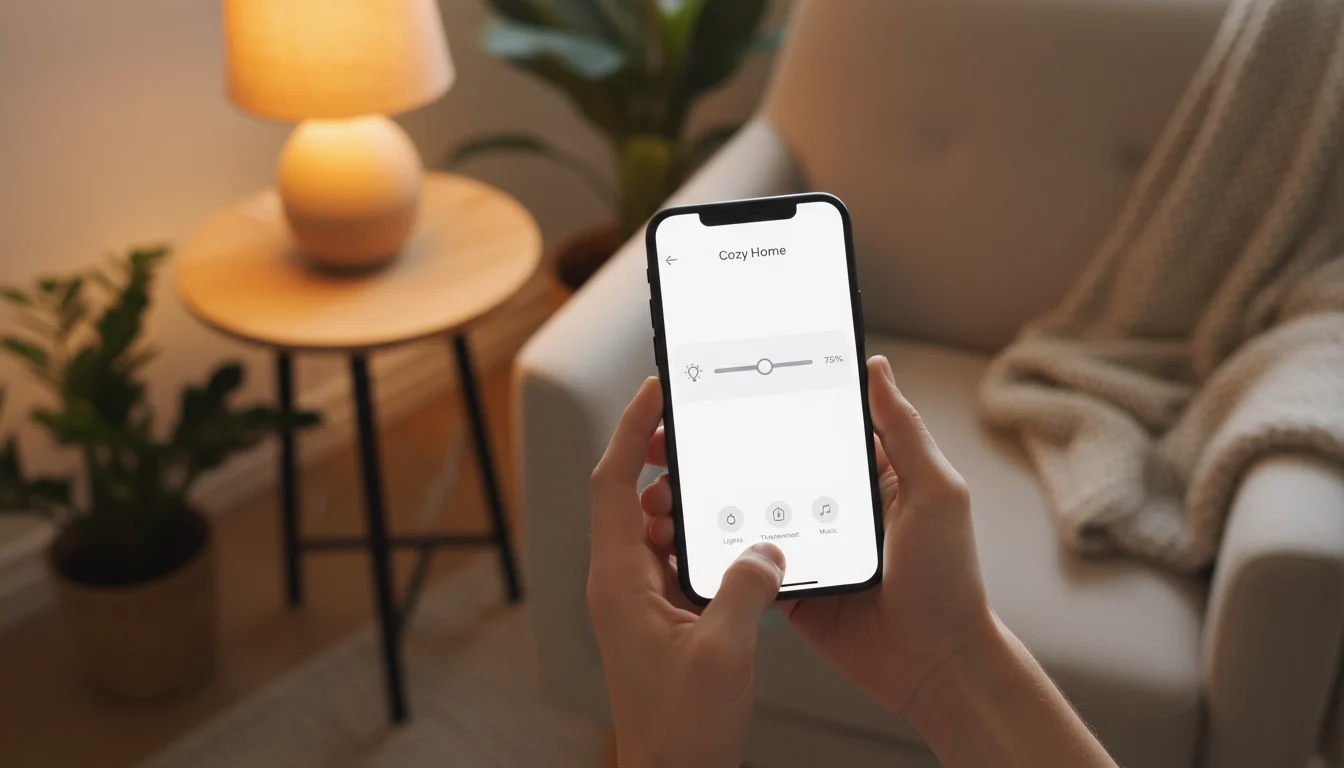 Hands holding a smartphone displaying a smart home app, wirelessly adjusting the brightness of a table lamp in a cozy living room.