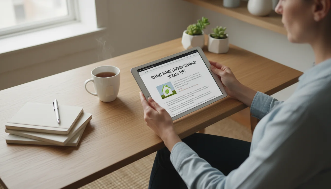 Hands holding a tablet displaying an article about home energy savings, on a neat desk with a tea mug.