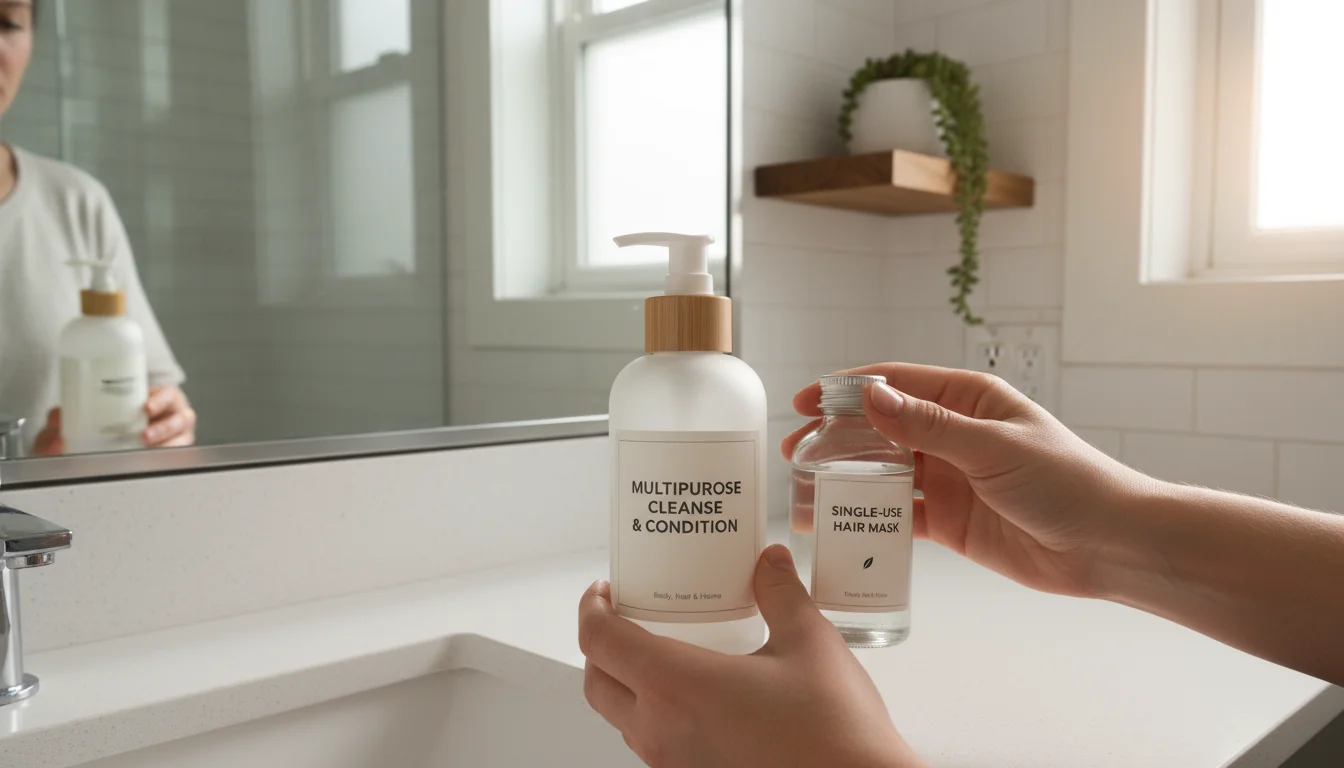 Hands holding two minimalist product bottles, one multi-purpose, on a clean bathroom counter with a plant and mirror reflection.