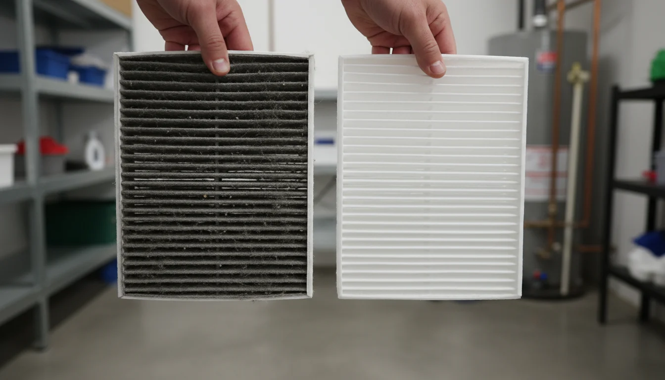 Close-up of hands holding a visibly dirty HVAC filter next to a pristine, clean new one for comparison.
