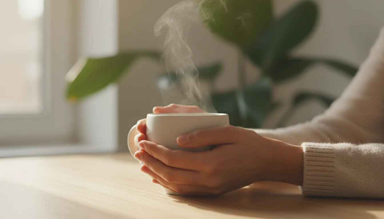 Close-up of hands gently holding a warm ceramic mug, with soft light and a blurred home office background, suggesting a peaceful break.