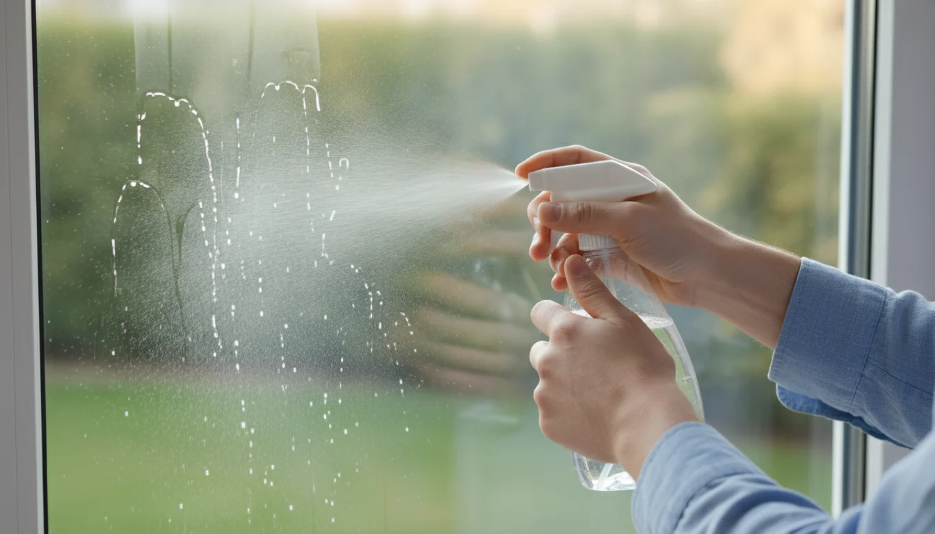 Hands holding a white spray bottle, actively spraying cleaning solution onto a clear window pane with visible mist, indoors.