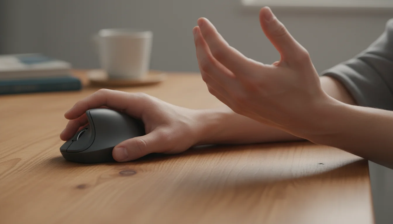 Hands at a home desk, one on a vertical ergonomic mouse, the other gently stretching fingers; cozy, organized workspace.