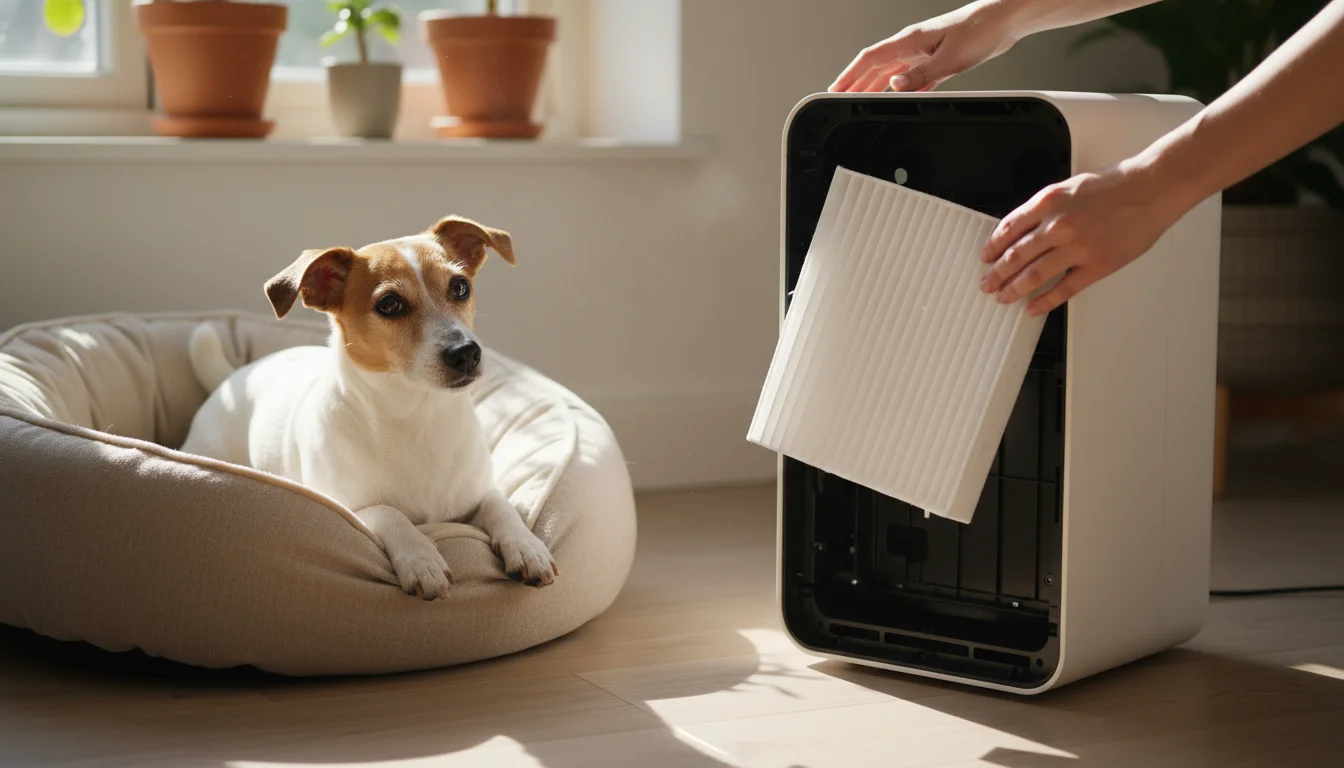 Hands inserting a new filter into a white air purifier, a small dog watches from a pet bed on a wood floor.