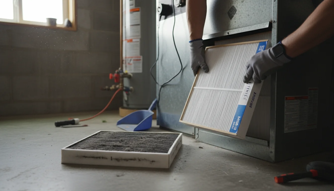 Hands inserting a new pleated HVAC filter into a furnace. A dirty filter lies on the floor nearby.
