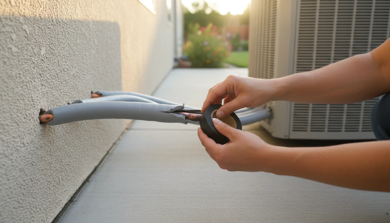 Hands inspecting damaged insulation on outdoor HVAC refrigerant lines, holding foam tape for repair.