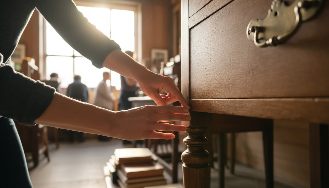 Close-up of hands inspecting the leg and joint of a vintage wooden dresser in a softly lit antique market stall.