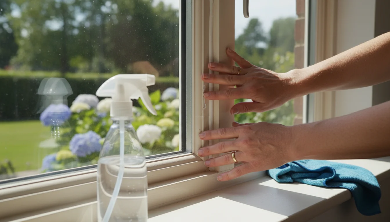 A close-up of hands inspecting a small crack in white window caulk. A spray bottle and cloth are on the sill.