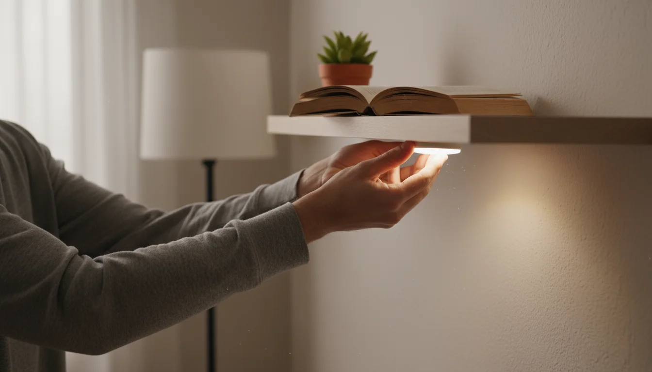 Hands install a battery-operated LED puck light under a wall shelf in a small living room, creating warm accent lighting.