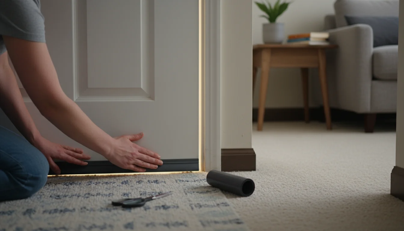Close-up of hands installing a dark gray door sweep at the bottom of a white apartment entry door, blocking a sliver of light from the hallway.