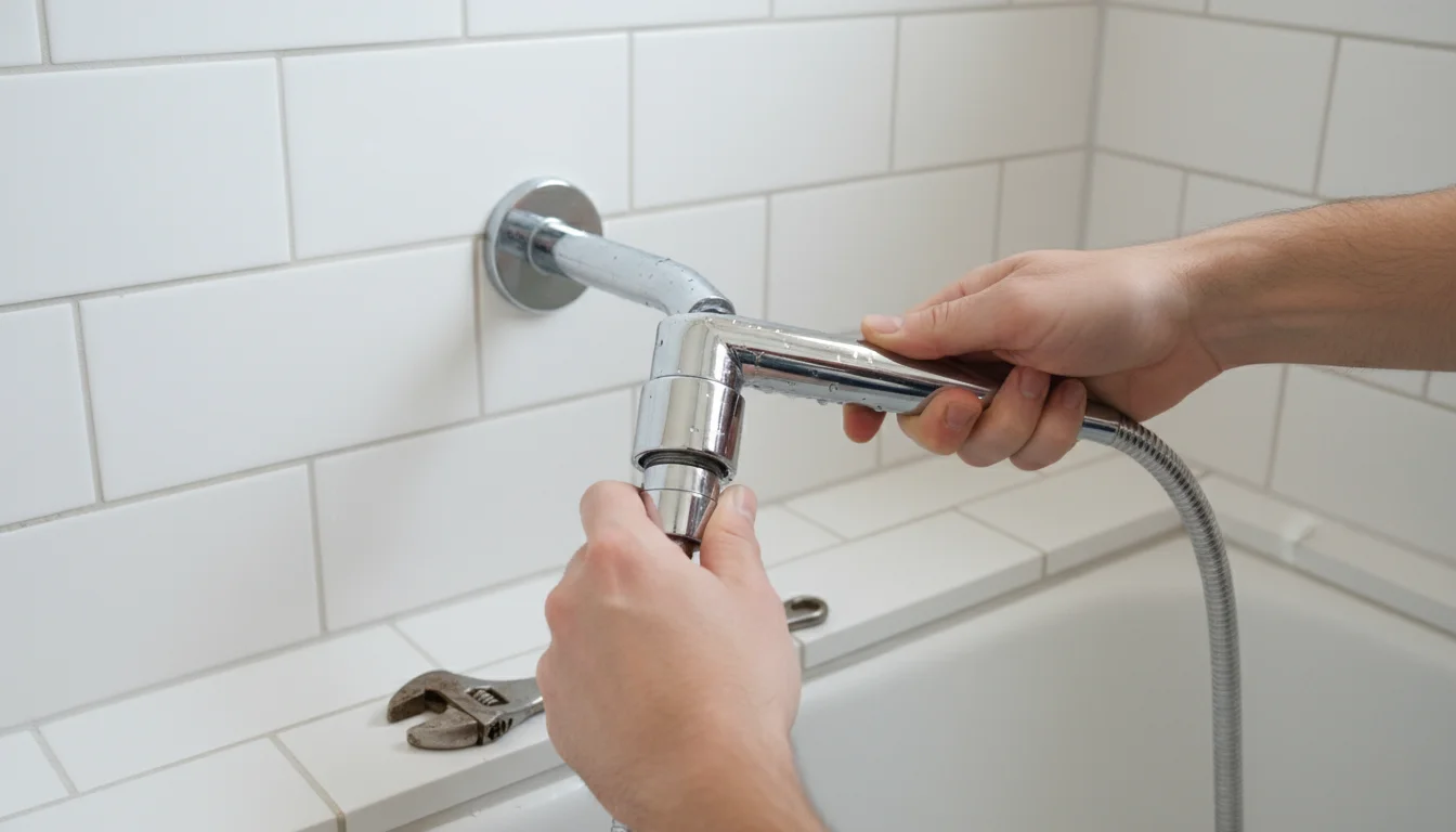 Hands installing a new, sleek chrome low-flow showerhead onto a standard silver shower pipe in a bright bathroom.